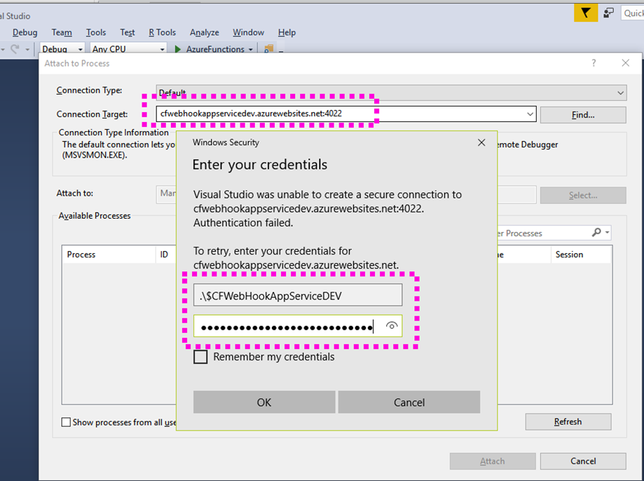 Visual Studio Debug Credentials